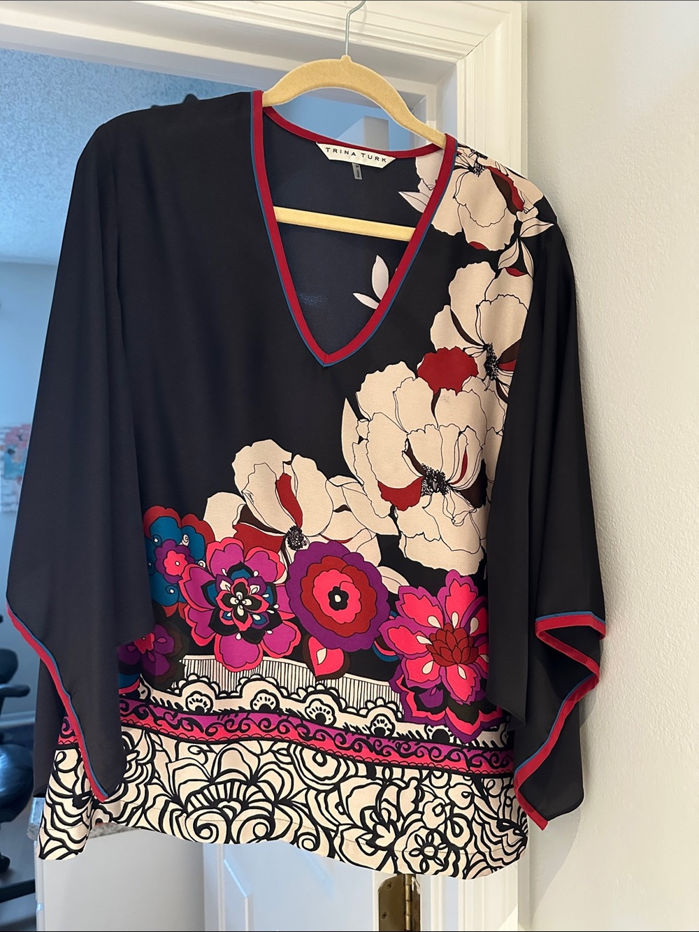 Trina Turk Black Floral V-Neck Tunic with Pink and Red Accents
